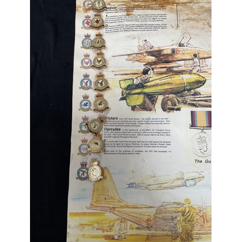 180 - COLLECTION OF RAF SQAUDRON BADGES MOUNTED ON A RAF IN THE GULF INFORMATION POSTER