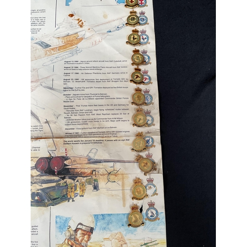 180 - COLLECTION OF RAF SQAUDRON BADGES MOUNTED ON A RAF IN THE GULF INFORMATION POSTER