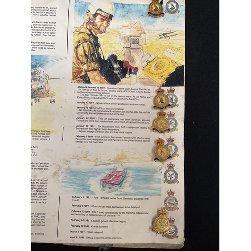 180 - COLLECTION OF RAF SQAUDRON BADGES MOUNTED ON A RAF IN THE GULF INFORMATION POSTER