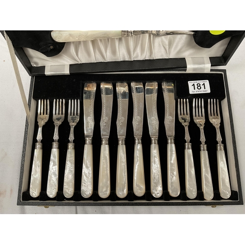 181 - CASED SET OF HALLMARK SILVER FISH KNIVES AND FORKS ALONG WITH MATCHING SERVERS WITH MOTHER OF PEARL ... 