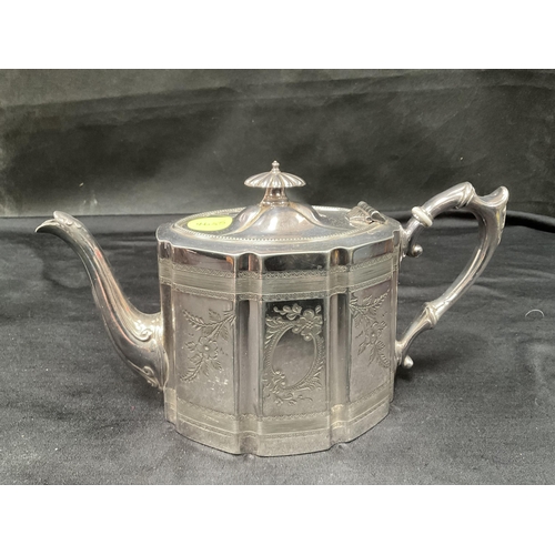 183 - SILVER PLATED 3 PIECE TEA SET ALONG WITH CRUET, TOAST RACK ETC