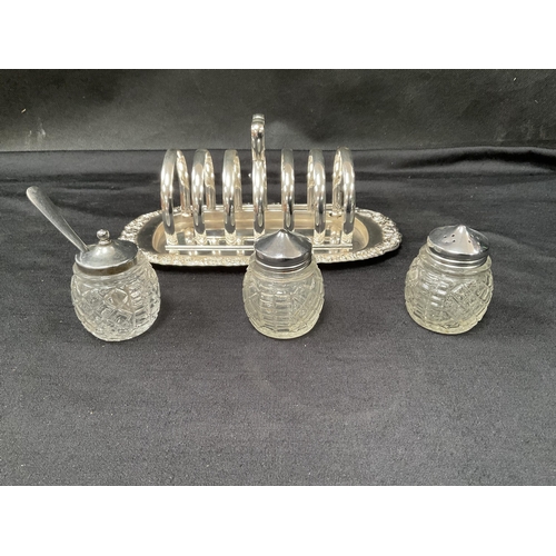 183 - SILVER PLATED 3 PIECE TEA SET ALONG WITH CRUET, TOAST RACK ETC