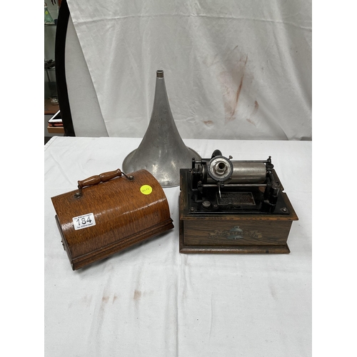 184 - ANTIQUE EDISON BELL GEM PHONOGRAPH WITH OAK CASE ALONG WITH A QTY OF ORIGINAL WAX CYLINDERS COMPLETE... 