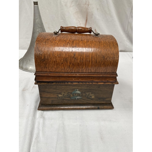 184 - ANTIQUE EDISON BELL GEM PHONOGRAPH WITH OAK CASE ALONG WITH A QTY OF ORIGINAL WAX CYLINDERS COMPLETE... 