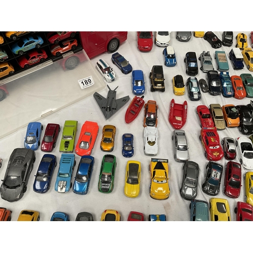 189 - QTY OF DIE CAST TOY CARS AND A PLASTIC TRANSPORTER BOX IN THE SHAPE OF A LORRY