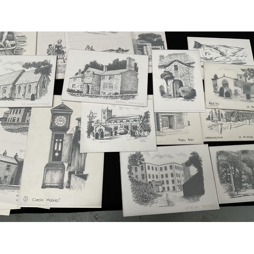 190 - QTY OF ORIGINAL ARTIST PROOF DRAWINGS TO INCLUDE BUILDINGS, PEOPLE, ANIMALS ETC