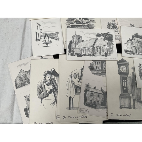 190 - QTY OF ORIGINAL ARTIST PROOF DRAWINGS TO INCLUDE BUILDINGS, PEOPLE, ANIMALS ETC