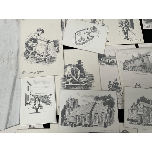 190 - QTY OF ORIGINAL ARTIST PROOF DRAWINGS TO INCLUDE BUILDINGS, PEOPLE, ANIMALS ETC