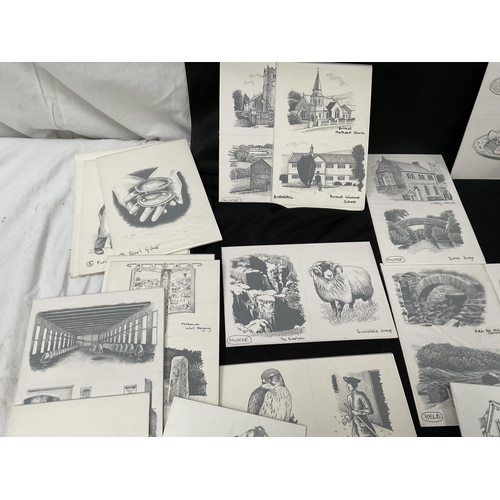 190 - QTY OF ORIGINAL ARTIST PROOF DRAWINGS TO INCLUDE BUILDINGS, PEOPLE, ANIMALS ETC