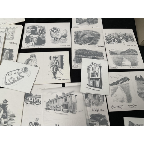 190 - QTY OF ORIGINAL ARTIST PROOF DRAWINGS TO INCLUDE BUILDINGS, PEOPLE, ANIMALS ETC