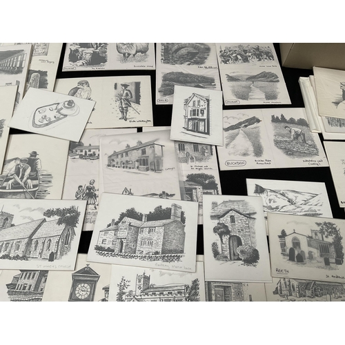 190 - QTY OF ORIGINAL ARTIST PROOF DRAWINGS TO INCLUDE BUILDINGS, PEOPLE, ANIMALS ETC