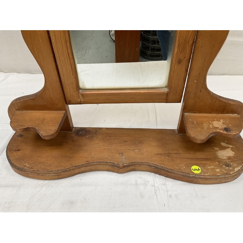 352 - PINE DRESSING TABLE MIRROR WITH SHAPED BASE -H28