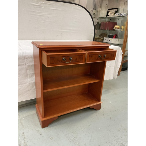 356 - REPRODUCTION YEWWOOD SIDE CABINET FITTED WITH 2 DRAWERS AND SHELVES BELOW H33