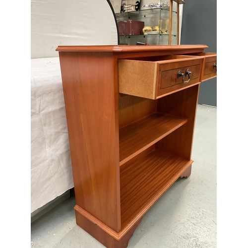 356 - REPRODUCTION YEWWOOD SIDE CABINET FITTED WITH 2 DRAWERS AND SHELVES BELOW H33