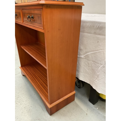 356 - REPRODUCTION YEWWOOD SIDE CABINET FITTED WITH 2 DRAWERS AND SHELVES BELOW H33