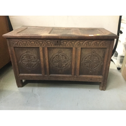 255 - ANTIQUE OAK COFFER WITH 3 PANEL LID AND CARVED FRONT A/F  H25