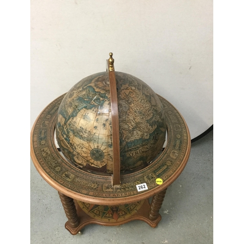 262 - REPRODUCTION FLOOR STANDING GLOBE DRINKS CABINET WITH BARLEY TWIST SUPPORTS STRETCHERED BASE AND BRA... 