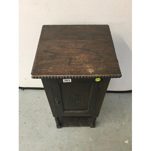 263 - VINTAGE OAK BEDSIDE CABINET WITH FITTED INTERIOR ON BARLEY TWIST LEGS WITH CARVED INITIALS TO THE DO... 