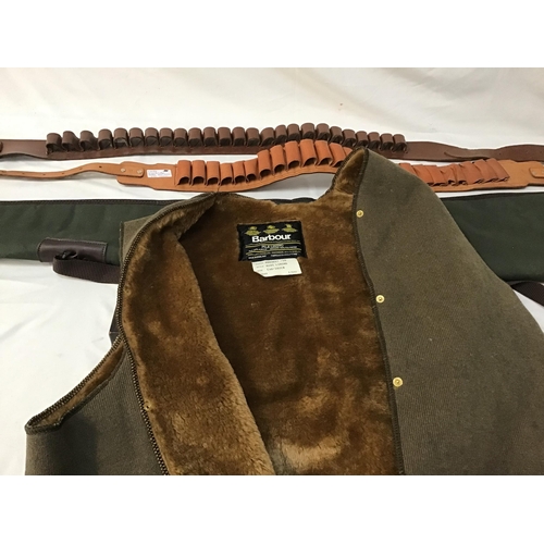 286 - 2 LEATHER CARTRIDGE BELTS GUN CLEANING KIT GUN BAG, BARBOUR WAISTCOAT