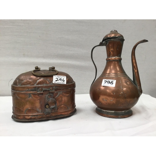 296 - EASTERN COPPER COFFEE POT AND LIDDED BOX