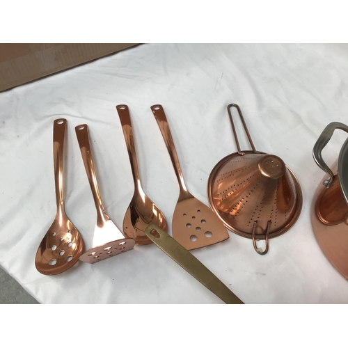 298 - QTY OF MODERN COPPER KITCHEN PANS AND UTENSILS