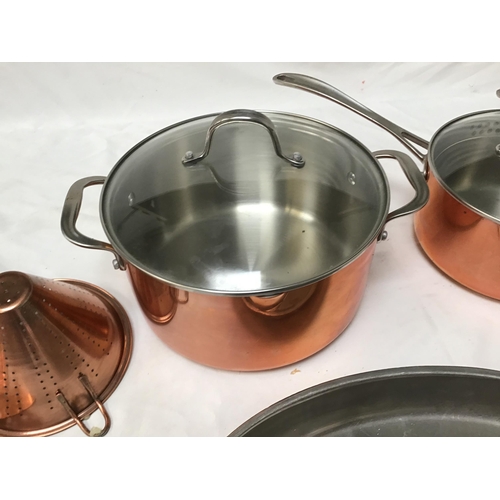 298 - QTY OF MODERN COPPER KITCHEN PANS AND UTENSILS