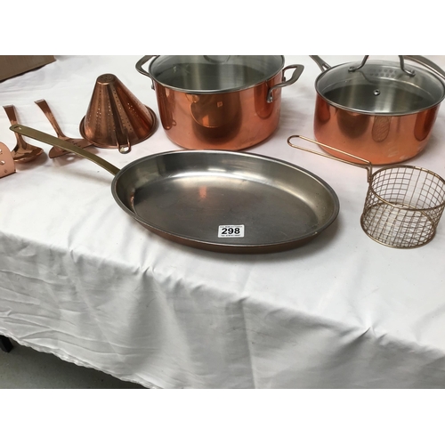 298 - QTY OF MODERN COPPER KITCHEN PANS AND UTENSILS