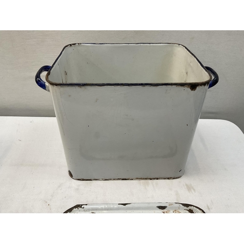 379 - VINTAGE ENAMEL BREAD BIN ALONG WITH A GALVANISED BUCKET, STONEWARE FLAGGON ETC