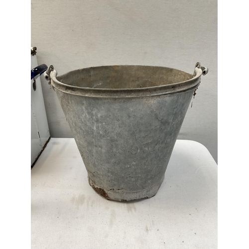 379 - VINTAGE ENAMEL BREAD BIN ALONG WITH A GALVANISED BUCKET, STONEWARE FLAGGON ETC