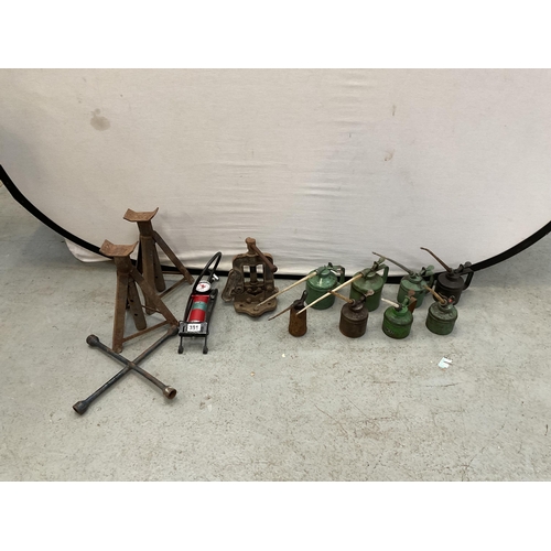 381 - QTY OF VINTAGE OIL CANS ALONG WITH FOOT PUMPS AND AXLE STANDS ETC