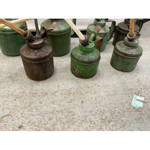 381 - QTY OF VINTAGE OIL CANS ALONG WITH FOOT PUMPS AND AXLE STANDS ETC