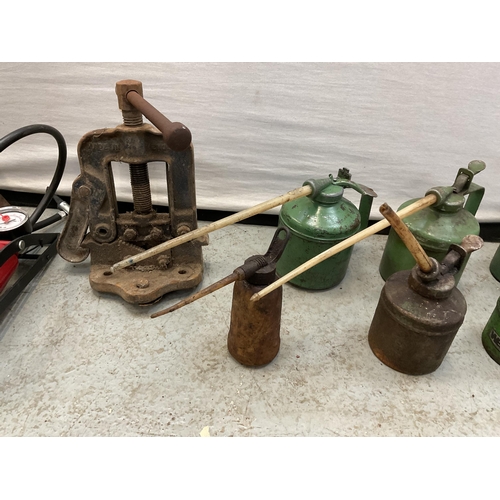 381 - QTY OF VINTAGE OIL CANS ALONG WITH FOOT PUMPS AND AXLE STANDS ETC