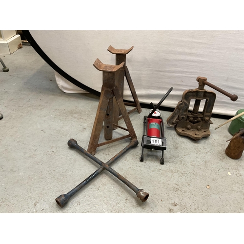 381 - QTY OF VINTAGE OIL CANS ALONG WITH FOOT PUMPS AND AXLE STANDS ETC