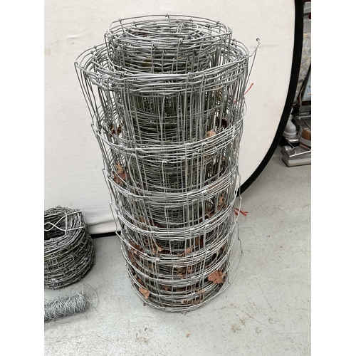 390 - 3 ROLLS OF BARBED WIRE AND VARIOUS METAL NETTING