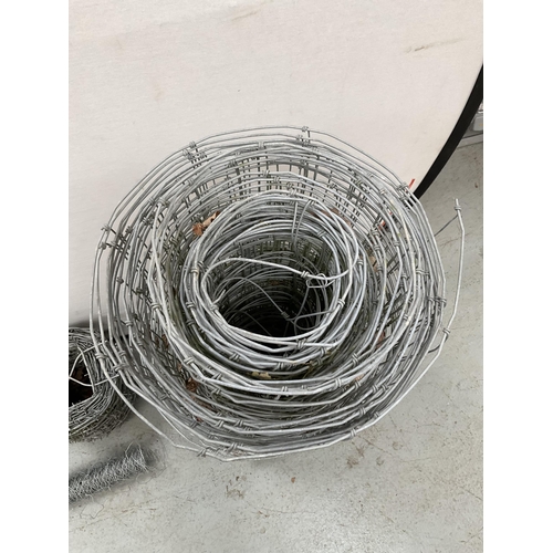 390 - 3 ROLLS OF BARBED WIRE AND VARIOUS METAL NETTING