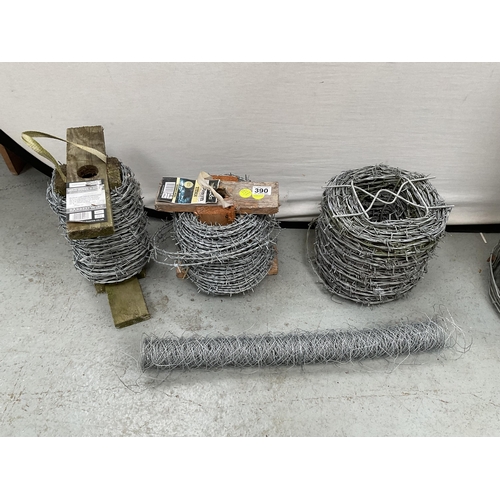 390 - 3 ROLLS OF BARBED WIRE AND VARIOUS METAL NETTING