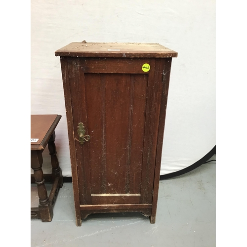 301 - REPRODUCTION OAK JOINTED STOOL WITH CARVED DECORATION AND AN EDWARDIAN POT CUPBOARD - A/F