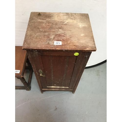 301 - REPRODUCTION OAK JOINTED STOOL WITH CARVED DECORATION AND AN EDWARDIAN POT CUPBOARD - A/F