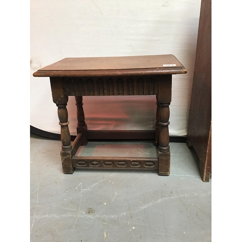 301 - REPRODUCTION OAK JOINTED STOOL WITH CARVED DECORATION AND AN EDWARDIAN POT CUPBOARD - A/F