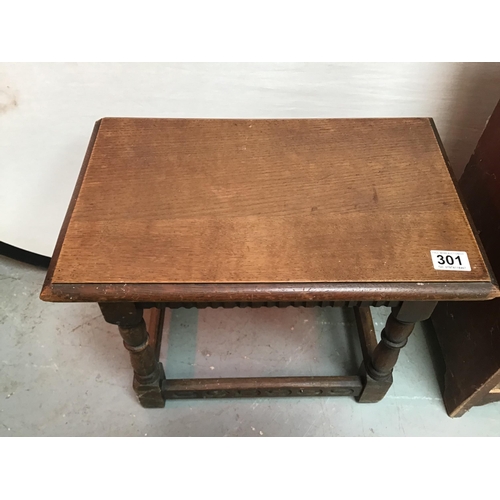 301 - REPRODUCTION OAK JOINTED STOOL WITH CARVED DECORATION AND AN EDWARDIAN POT CUPBOARD - A/F