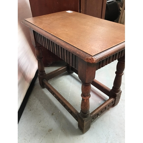 301 - REPRODUCTION OAK JOINTED STOOL WITH CARVED DECORATION AND AN EDWARDIAN POT CUPBOARD - A/F