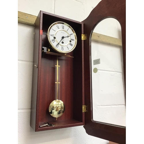 307 - REPRODUCTION MAHOGANY HANGING WALL CLOCK SIGNED FENDCLOCKS STRIKING ON A GONG H24