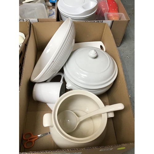 309 - 5 BOXES OF HOUSEHOLD SUNDRIES AND CERAMICS TO INCLUDE SOUP TUREEN SCALES ETC