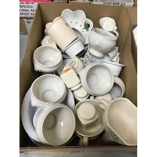 309 - 5 BOXES OF HOUSEHOLD SUNDRIES AND CERAMICS TO INCLUDE SOUP TUREEN SCALES ETC