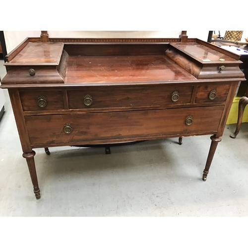 317 - EDWARDIAN MAHOGANY DRESSING TABLE FITTED WITH 6 DRAWERS ON FLUTED LEGS WITH OVAL MIRROR ABOVE H64