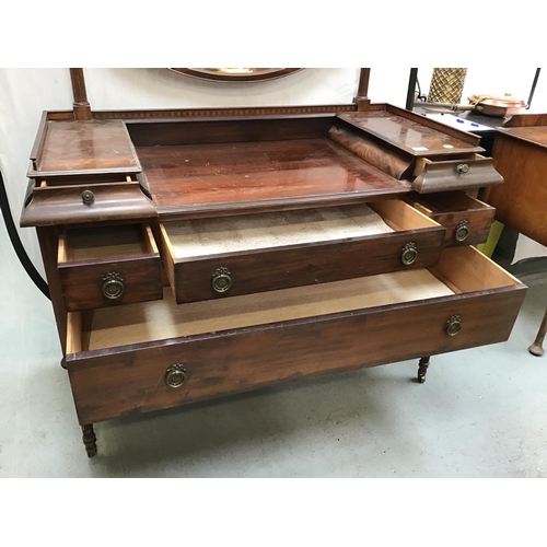 317 - EDWARDIAN MAHOGANY DRESSING TABLE FITTED WITH 6 DRAWERS ON FLUTED LEGS WITH OVAL MIRROR ABOVE H64