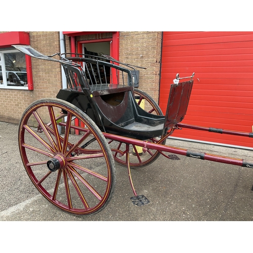 407 - VICTORIAN TWIN WHEEL HORSE TRAP WITH LEAF SPRING SUSPENSION, IRON STEPS AND LAMP BRACKETS PAINTED RE... 