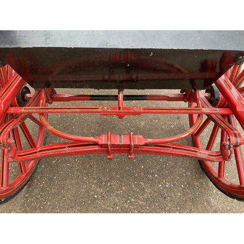 409 - ANTIQUE TWIN WHEEL HORSE TRAP WITH LEAF SPRING SUSPENSION, IRON STEPS AND LAMP BRACKETS PAINTED RED ... 