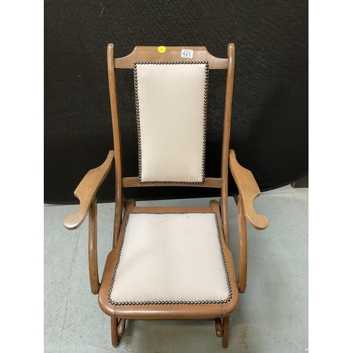 421 - MAHOGANY FRAMED FOLDING  CAMPAIGN  CHAIR WITH UPHOLSTERED PADS