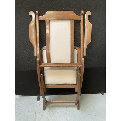 421 - MAHOGANY FRAMED FOLDING  CAMPAIGN  CHAIR WITH UPHOLSTERED PADS